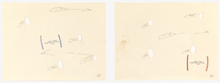 Lawrence Weiner, Polaris, 1990, a) felt-tip pen, pencil, and stamped ink on cut transparentized paper; b) felt-tip pen, pencil, colored pencil, and stamped ink on cut transparentized paper, 2 sheets, each 19 x 23 7/8 inches (48.3 x 60.6 cm). The Museum of Modern Art, New York. Gift of Sally and Wynn Kramarsky, 2001. © 2013 Lawrence Weiner / Artists Rights Society (ARS), New York / Photo: Thomas Griesel