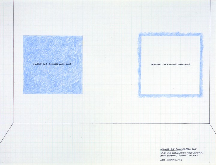 Mel Bochner, Imagine the Enclosed Area Blue (Study for Installation, Yale, Norfolk), 1968, carpenter’s chalk and ink on graph paper, 16 x 22 inches (40.6 x 55.9 cm). The Museum of Modern Art, New York. Gift of Sally and Wynn Kramarsky, 2004. © Mel Bochner / Photo: John Wronn 