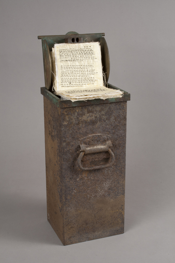 Kry Bastian, Untitled (Safe II), 1994, metal, paper, fabric, ink and thread, 8 x 7 x 22 ½ inches (20.3 x 17.8 x 57.2 cm). © Kry Bastian / Photo: Laura Mitchell