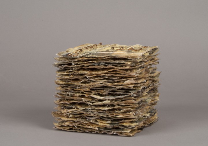 Kry Bastian, Our Work, 1997, paper, fabric, steel, thread and ink, 36 pieces, each 5 x 5 inches (12.7 x 12.7 cm). © Kry Bastian / Photo: Laura Mitchell