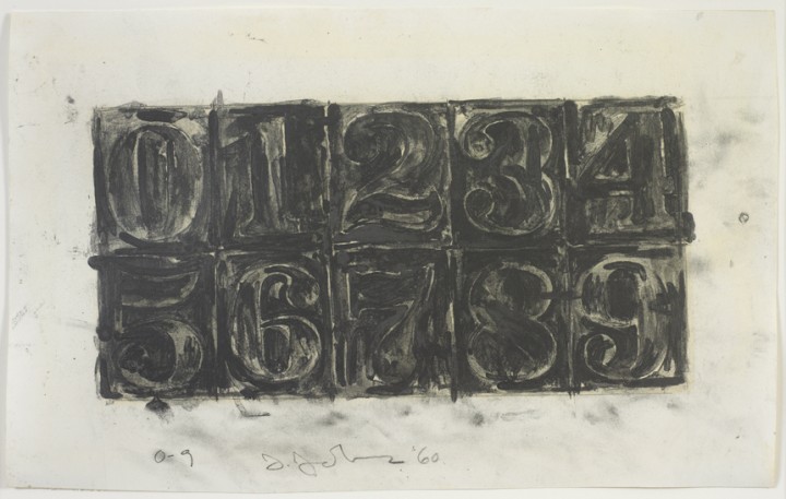 Jasper Johns, 0-9, 1960, graphite wash and graphite on paper, 8 x 13 inches (20.3 x 33 cm). Art © Jasper Johns/Licensed by VAGA, New York, NY / Photo: Jamie Stukenberg | Professional Graphics, Inc.