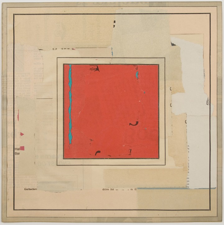 Jón Laxdal, Diary Sheet, 1994, collaged papers, 10 1/8 x 10 1/8 inches (25.7 x 25.7 cm). © Jón Laxdal / Photo: Laura Mitchell