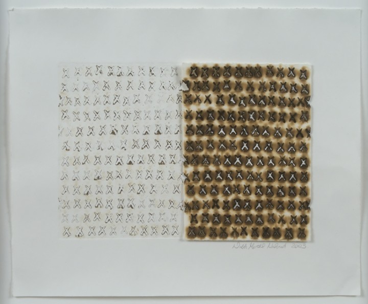 Deborah Gottheil Nehmad, Untitled, 2003, pyrography and collagraph on paper, 9 ¾ x 11 7/8 inches (24.8 x 30.2 cm). © Deborah Gottheil Nehmad / Photo: Laura Mitchell