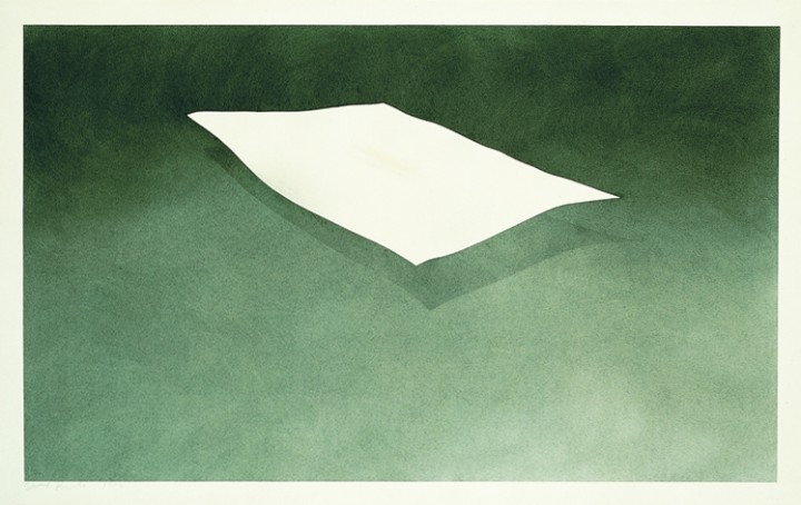 Ed Ruscha, Suspended Sheet Stained with Ivy, 1973, gunpowder and ivy on paper, 14 x 22 ½ inches (35.6 x 57.2 cm). © Ed Ruscha. Courtesy Gagosian Gallery / Photo: Ellen McDermott