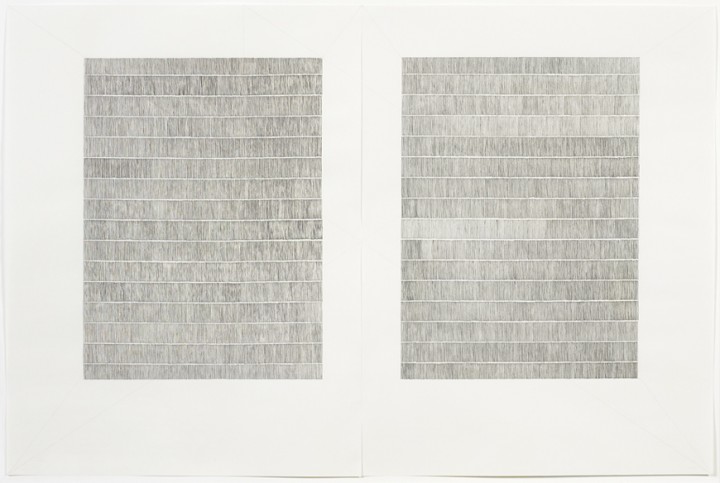 Karen Schiff, Untitled (Manuscript), 2007, sumi ink, graphite and colored pencil on paper, diptych: 25 x 37 inches (63.5 x 94 cm). © Karen Schiff / Photo: Ellen McDermott