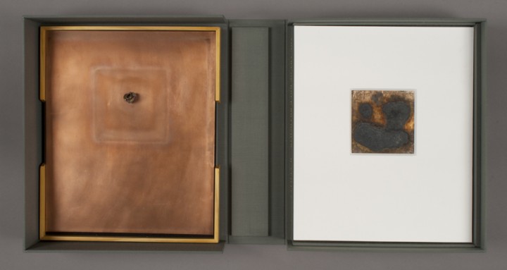 Left: Spent Bullet and right: Contingency Pour from Dove Bradshaw, The Art of Dove Bradshaw: Nature, Change, and Indeterminacy, 2003, artist’s book: mixed media, 13 ¾ x 11 7/8 x 3 ½ inches (34.9 x 30.2 x 8.9 cm), closed. Published by Mark Batty Publisher, New York. © Dove Bradshaw / Photo: Laura Mitchell