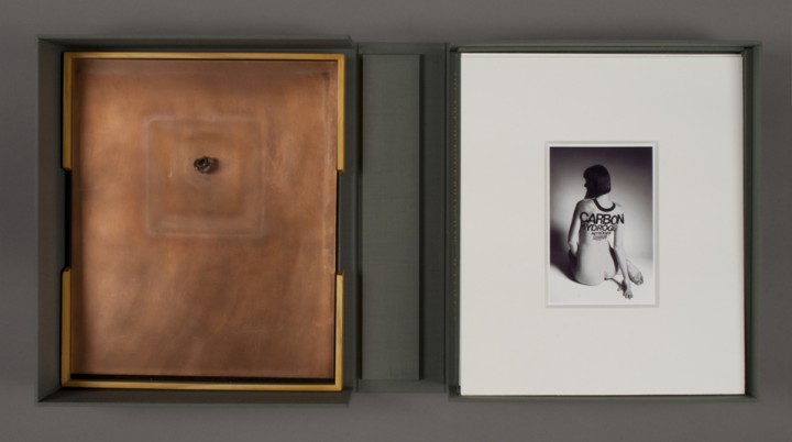 Left: Spent Bullet and right: Oxygen from Dove Bradshaw, The Art of Dove Bradshaw: Nature, Change, and Indeterminacy, 2003, artist’s book: mixed media, 13 ¾ x 11 7/8 x 3 ½ inches (34.9 x 30.2 x 8.9 cm), closed. Published by Mark Batty Publisher, New York. © Dove Bradshaw / Photo: Laura Mitchell