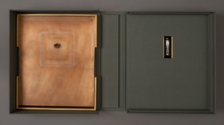 Left: Spent Bullet and right: Indeterminacy from Dove Bradshaw, The Art of Dove Bradshaw: Nature, Change, and Indeterminacy, 2003, artist’s book: mixed media, 13 ¾ x 11 7/8 x 3 ½ inches (34.9 x 30.2 x 8.9 cm), closed. Published by Mark Batty Publisher, New York. © Dove Bradshaw / Photo: Laura Mitchell