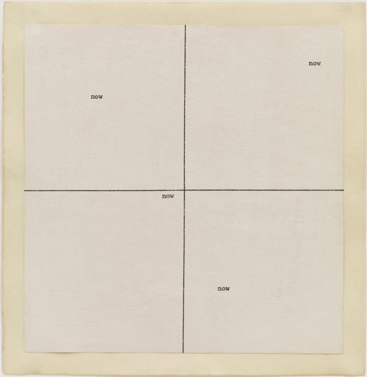 Carl Andre, now now, 1967, typewriting and ink on paper, 8 ¼ x 8 inches (21 x 20.3 cm). The Museum of Modern Art, New York. Gift of Sally and Wynn Kramarsky, 1980. Art © Carl Andre/Licensed by VAGA, New York, NY / Photo: John Wronn