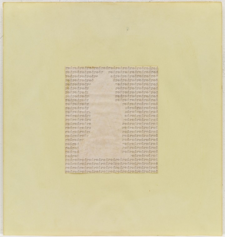 Carl Andre, red red, 1967, typewriting on paper mounted on colored paper, 9 7/8 x 9 ¼ inches (25.1 x 23.5 cm). The Museum of Modern Art, New York. Gift of Sally and Wynn Kramarsky. Art © Carl Andre/Licensed by VAGA, New York, NY / Photo: John Wronn
