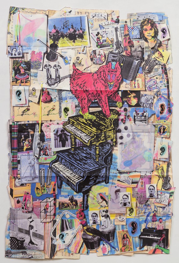 Jane Hammond & Raphael Rubinstein,"Be Zany, Poised Harpists / Be Blue, Little Sparrows," 2002, artist’s book: letterpress, digital prints, photocopies, vintage postcards, vintage postage stamps, hand-coloring, rubber-stamping and collage on a variety of archival materials, 12 ¾ x 10 ½ x 1 ¾ inches (32.4 x 26.7 x 4.4 cm), closed. Published by Dieu Donné Papermill, Inc., in cooperation with Dieu Donné Press, New York, and Silicon Gallery Fine Art Prints, Philadelphia. © Jane Hammond & Raphael Rubinstein / Photo: D. James Dee