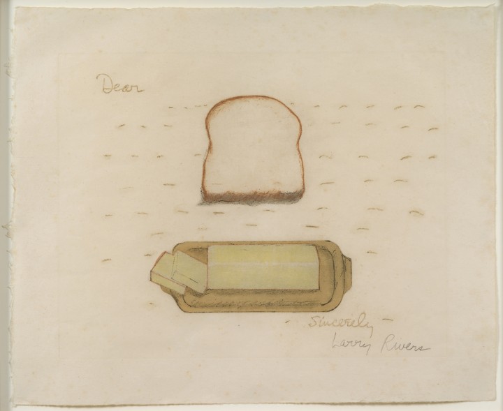 Larry Rivers, Bread and Butter, 1974, color lithograph on paper, 14 ¼ x 17 ⅜ inches (36.2 x 44.1 cm). Collection of Laura Kramarsky & Mike Curtis. Art © Estate of Larry Rivers/Licensed by VAGA, New York, NY / Photo: Peter Muscato