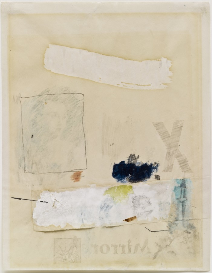 Robert Rauschenberg, Untitled (Mirror), 1952, transfer drawing, oil, watercolor, crayon, pencil and cut-and-pasted paper on paper, 10 ½ x 8 ½ inches (26.7 x 21.6 cm). The Museum of Modern Art, New York. Gift of Sally and Wynn Kramarsky, 2004. Art © Robert Rauschenberg Foundation/Licensed by VAGA, New York, NY / Photo: The Museum of Modern Art