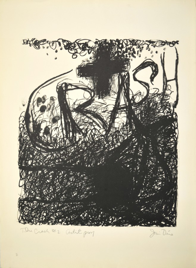 Jim Dine, The Crash #2, 1960, lithograph on paper, 29 ⅞ x 22 inches (75.9 x 55.9 cm). University at Buffalo Art Galleries: Gift of the David K. Anderson Family, 2003. © 2014 Artists Rights Society (ARS), New York / Photo: UB Art Galleries