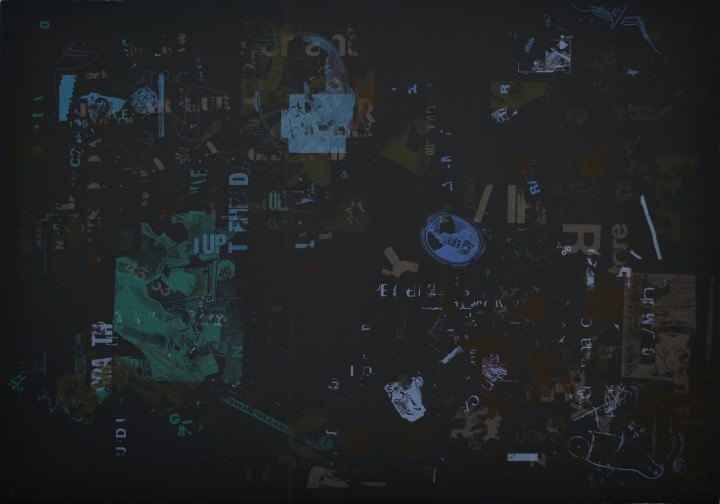 John Cage, Lithograph B from Not Wanting to Say Anything About Marcel, 1969, a group of 10 related works comprising two lithographs and 8 sets of plexigrams; lithograph hand painted on black Fabriano rag paper, 27 ½ x 40 inches (69.9 x 101.6 cm). University at Buffalo Art Galleries: Promised Gift of David K. Anderson. © Courtesy of the John Cage Trust / Photo: UB Art Galleries