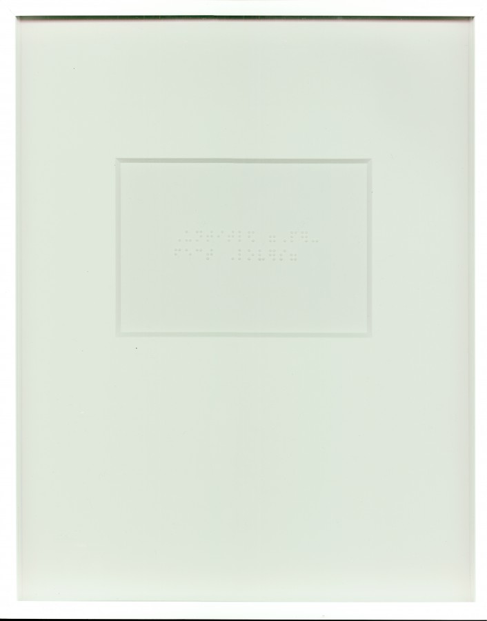 Richard Bassett, Untitled (Perfect Lovers), Felix Gonzalez-Torres, 1987-1990, 2001, Braille on paper, 13 ⅝ x 11 x 1 ⅛ inches (34.6 x 27.9 x 2.9 cm). In the collections of the Leslie-Lohman Gay Art Foundation and the University at Buffalo Art Galleries: Gift of Donald Bradford and Jack Fischer Gallery, San Francisco, CA. © Estate of Richard Bassett / Photo: Branden Charles Wallace 