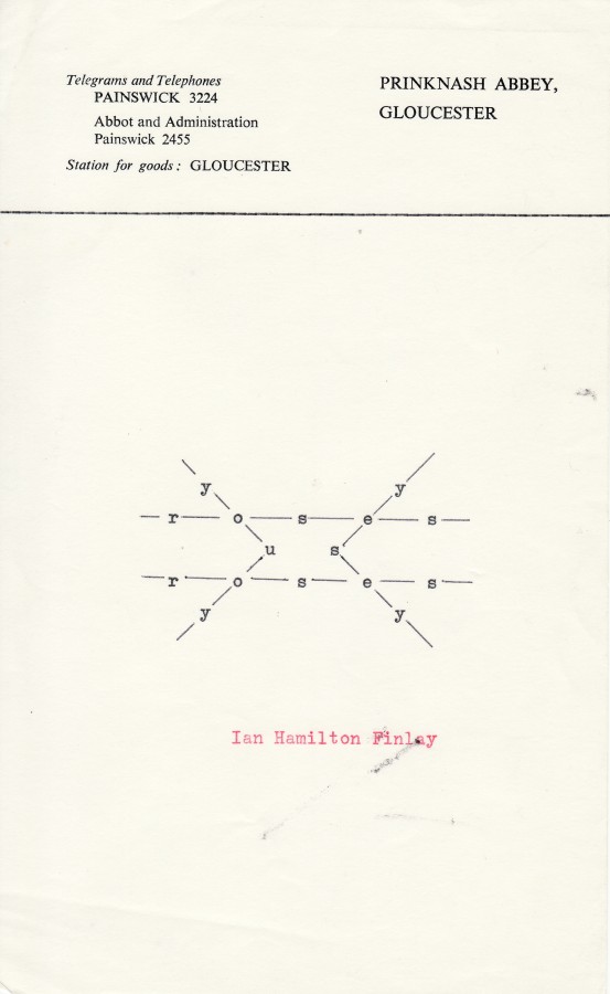 Ian Hamilton Finlay, y-o-u y-e-s, n.d., typewriting on paper, 8 x 5 inches (20.3 x 12.7 cm). The Poetry Collection of the University Libraries, University at Buffalo, The State University of New York. © by courtesy of the Estate of Ian Hamilton Finlay / Photo: The Poetry Collection of the University Libraries, University at Buffalo, The State University of New York