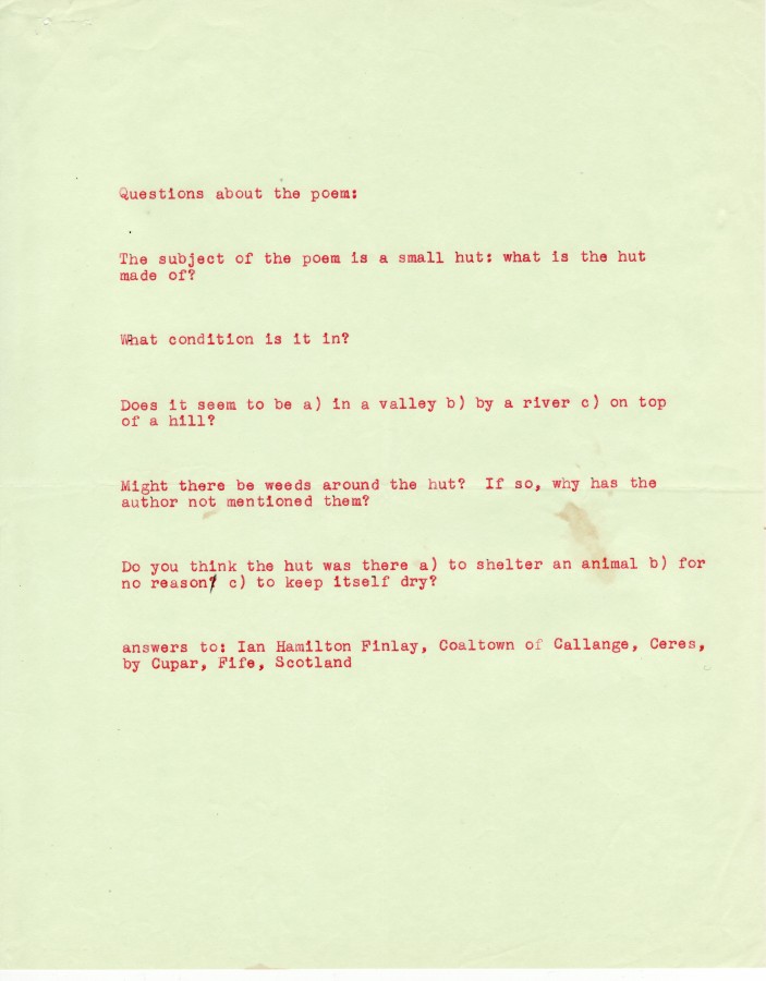 Ian Hamilton Finlay, stones stones stones Questions, 1966, typewriting on paper, 10 x 8 inches (25.4 x 20.3 cm). The Poetry Collection of the University Libraries, University at Buffalo, The State University of New York. © by courtesy of the Estate of Ian Hamilton Finlay / Photo: The Poetry Collection of the University Libraries, University at Buffalo, The State University of New York