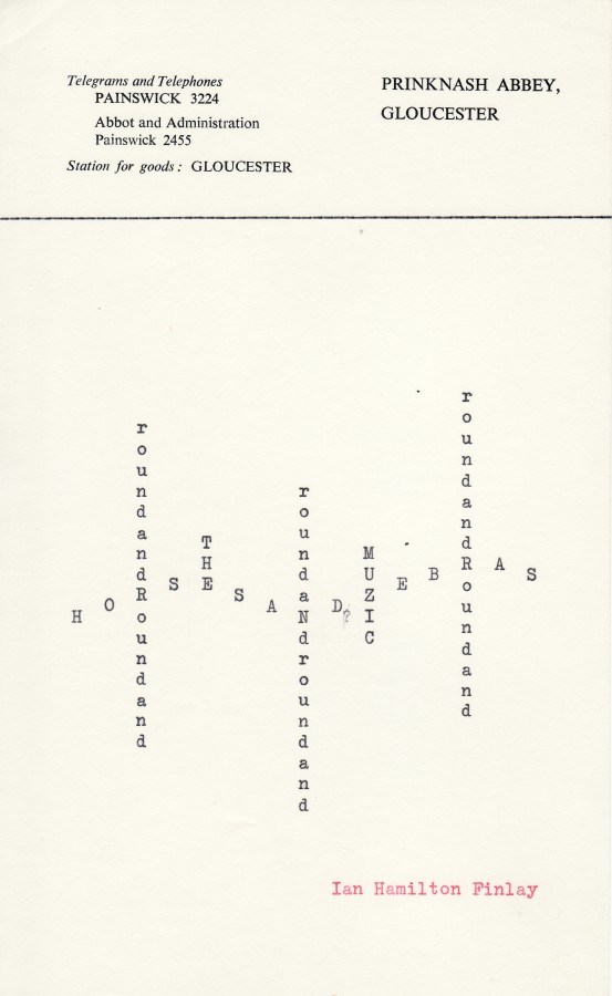 Ian Hamilton Finlay, roundandRoundand, n.d., typewriting on paper, 8 x 5 inches (20.3 x 12.7 cm). The Poetry Collection of the University Libraries, University at Buffalo, The State University of New York. © by courtesy of the Estate of Ian Hamilton Finlay / Photo: The Poetry Collection of the University Libraries, University at Buffalo, The State University of New York