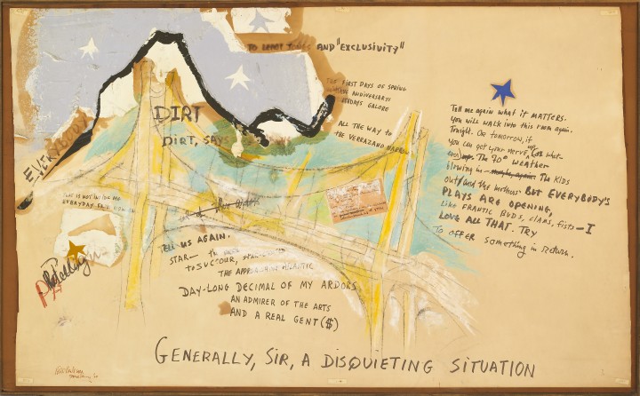 Michael Goldberg & Bill Berkson, Generally, Sir, A Disquieting Situation, 1964, mixed media on board, 38 x 61 inches (96.5 x 154.9 cm). The Poetry Collection of the University Libraries, University at Buffalo, The State University of New York, Gift of the David K. Anderson Family, 1995. © Bill Berkson / © Michael Goldberg Estate 2014; Courtesy of Michael Rosenfeld Gallery LLC, New York, NY. Photo: Biff Henrich / IMG_INK