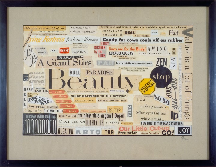 Jess, Open-Mouthed but Relaxed, 1952, collage, 10 ¾ x 16 ½ inches (27.3 x 41.9 cm). The Poetry Collection of the University Libraries, University at Buffalo, The State University of New York. © The Jess Collins Trust / Photo: The Poetry Collection of the University Libraries, University at Buffalo, The State University of New York